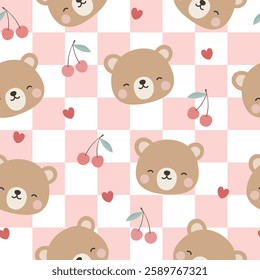 Bear Cute Seamless Pattern, adorable animal design for kids, vector illustration