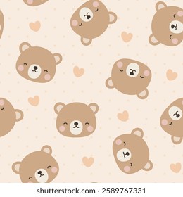 Bear Cute Seamless Pattern, adorable animal design for kids, vector illustration