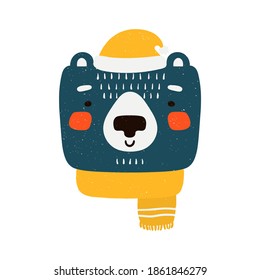 Bear cute vector illustration. Character in winter hat and scarf. Hand drawn style, texture.