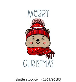 Oso. Personaje de invierno con un sencillo estilo de caricatura. Símbolo de Navidad. Ilustración vectorial.  Diseño para impresiones, tarjetas, ropa, etc. Afiche temático de Año Nuevo. 