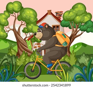 A bear cycles through a lush green landscape
