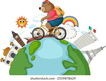 A bear cycling around the world with landmarks