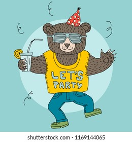 Bear dancing in a party. Vector cartoon hand drawn illustration.