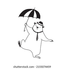 bear dancing with umbrella, vector clipart, doodle illustration good for card and print design