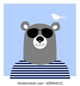 Bear in dark glasses with a bird on the ear vector image.