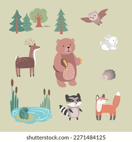 Bear, deer, fox, raccoon, rabbit, owl- forest animals. Set of icons, vector hand drawn illustrations

