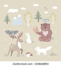 Bear, deer, hare, fox - animals in the forest. Vector hand drawn illustrations 