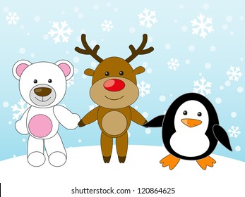 Bear, deer and penguin holding hands