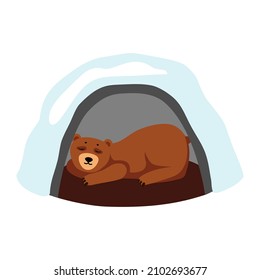 The bear den. Brown bear asleep in winter in its den. Icon, clipart for website, application about nature, north, animals, travel, ecology. Vector flat illustration, cartoon style.