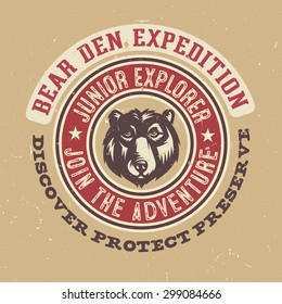 Bear Den Expedition Junior Explorer Textured T shirt Apparel print. Vintage Americana Style Tee Graphics. Vector Illustration. Travel Souvenir Idea. Retro Badge Emblem Logo Design