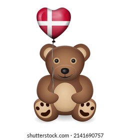 Oso con globo cardíaco con bandera de Dinamarca sobre un fondo blanco. Ilustración vectorial.