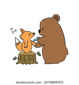 Bear doctor giving fox patient injection vector image