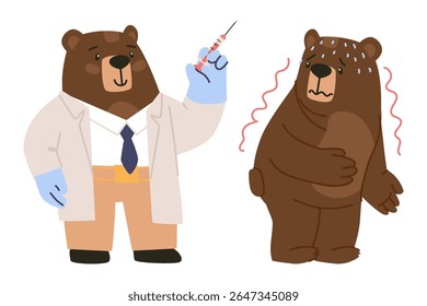 médico de urso apresenta injeção para urso. médico com seringa, paciente agitando com medo, ilustração vetor plana, eps10