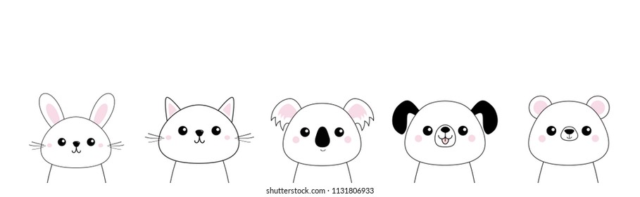Bear, dog, cat kitten, rabbit, hare, grizzly, koala head face set. Doodle linear sketch. Pink cheeks. Cute cartoon character. T-shirt design. Pet animal collection Baby background. Flat Vector