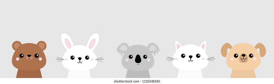 Bear, dog, cat kitten, rabbit, hare, grizzly, koala head face set. Colorful silhouette. Pink cheeks. Cute cartoon character. T-shirt design. Pet animal collection Baby background. Flat design Vector