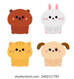 Bear, dog puppy, cat kitten kitty, rabbit bunny hare, face icon set. Kawaii animal sitting icon. Paw print. Cute cartoon funny baby character. Love card. Flat design. White background Isolated. Vector