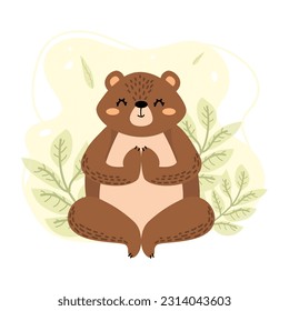 Bear doing yoga. Vector illustration of a meditating animal. Forest animal. Cute bear in cartoon style on the background of leaves. Creative illustration. T-shirt print. Isolated background.