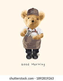 bear doll barista with coffee cup illustration