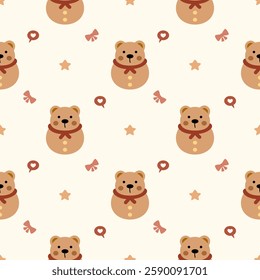 Bear doll cartoon so cute. On bow star  heart background. Pattern seamless vector illustration. 