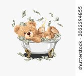 bear doll with champagne glass in cash bathtub illustration