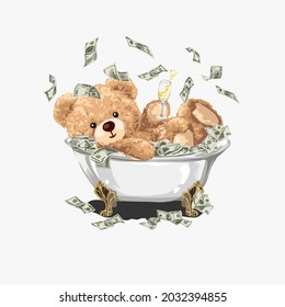 bear doll with champagne glass in cash bathtub illustration