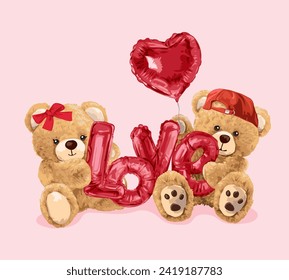 bear doll couple holding love balloon hand drawn vector illustration