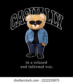 bear doll in fashion style vector illustration on casually slogan