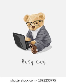 bear doll in glasses working on laptop illustration