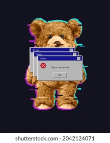 bear doll glitch stye with error messages vector illustration on black background