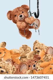 bear doll hanging on claw machine crane with a pile of bear toys illustration
