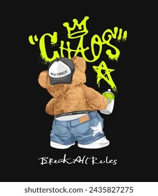 bear doll hipster with chaos graffitti spray painted hand drawn vector illustration on black background