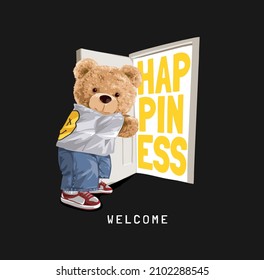 bear doll holding door open with happiness slogan on black background