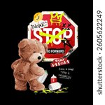 bear doll holding spray can and worn stop sign vector illustration hand drawn without AI in the process