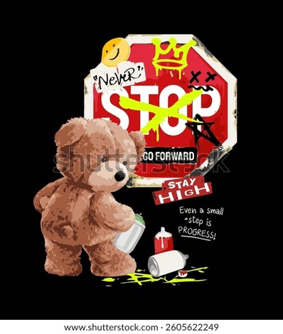 bear doll holding spray can and worn stop sign vector illustration hand drawn without AI in the process