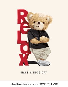 bear doll leaning against relax slogan vector illustration
