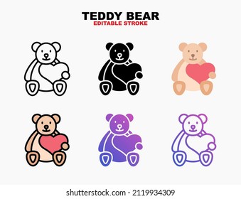 Bear doll with love heart icon set with different styles. Editable stroke and pixel perfect. Can be used for digital product, presentation, print design and more.