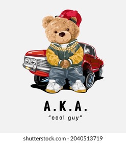 bear doll rapper with gold neck lace on red car background vector illustration svg