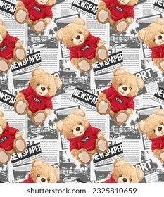 bear doll in red sweater on newspaper seamless pattern vector illustration