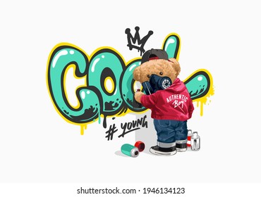 bear doll spraying cool slogan on the wall vector illustration