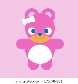 bear doll vector, cute animal toys for kids, ribbon, pink.