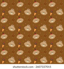 Bear, donut, ice cream on brown background, fabric pattern, gift wrapping paper, seamless pattern