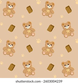 Bear, donut on brown background, fabric pattern, gift wrap, seamless pattern