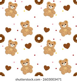 Bear, donut on white background, fabric pattern, gift wrap, seamless pattern
