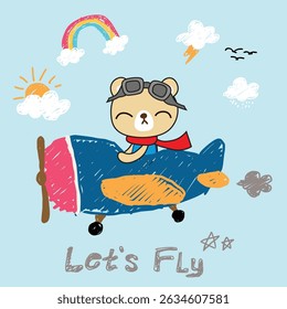 bear doodle vector with airplane cartoon 