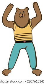 Bear. Doodle vector illustration. Bear in sportswear standing with his hands raised and showing his stregth.