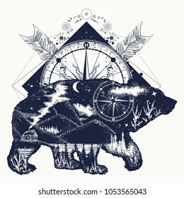 Bear double exposure, compass, arrows tattoo and t-shirt design. Tourism symbol, adventure, great outdoor 