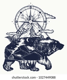 Bear double exposure, mountains, compass, tattoo art. Grizzly silhouette t-shirt design. Tourism symbol, adventure, great outdoor 