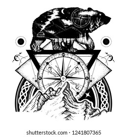 Bear double exposure, mountains, compass, tattoo art. Tourism symbol, adventure, great outdoor 