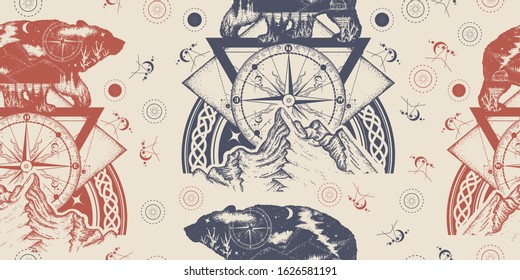 Bear double exposure, mountains, compass. Seamless pattern. Packing old paper, scrapbooking style. Medieval manuscript, engraving art. Tourism symbol, adventure, great outdoor. Grizzly silhouette 