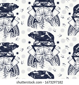 Bear double exposure, mountains, compass. Seamless pattern. Packing old paper, scrapbooking style. Medieval manuscript, engraving art. Tourism symbol, adventure, great outdoor. Grizzly silhouette